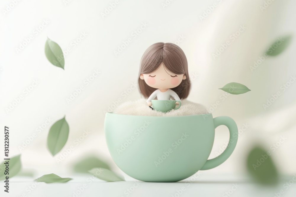 A cute girl sits inside a giant teacup, surrounded by soft clouds and floating leaves, enjoying a peaceful moment. A cute girl sits inside a giant teacup, surrounded by soft clouds and floating leaves, enjoying a peaceful moment.