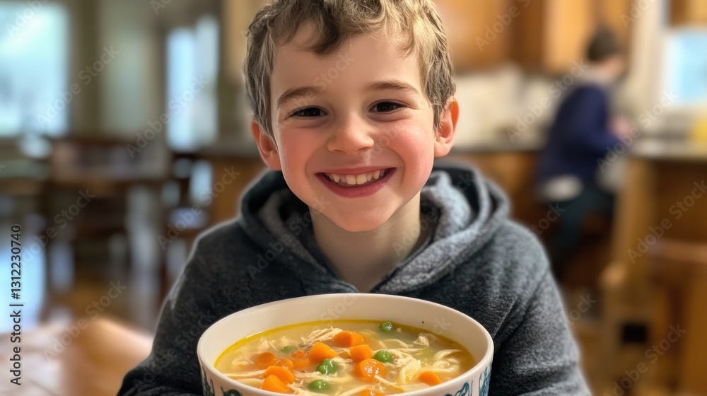 Happy Boy Enjoying a Delicious Bowl of Chicken Noodle Soup Happy Boy Enjoying a Delicious Bowl of Chicken Noodle Soup