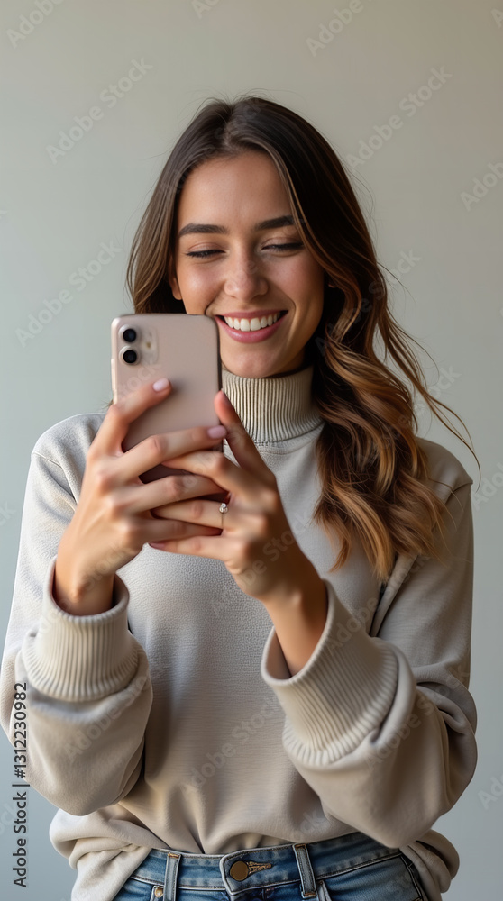 Smiling young woman using smartphone, enjoying digital communication and social media in a modern casual setting Smiling young woman using smartphone, enjoying digital communication and social media in a modern casual setting