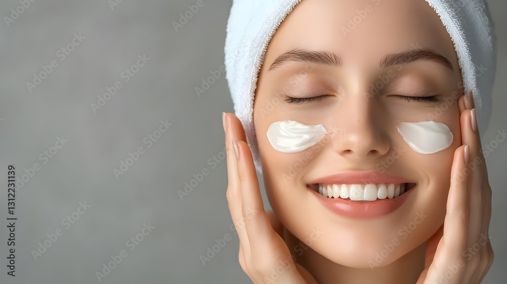 Glowing, Hydrated Skin as a Model Gently Applies Skincare Cream with a Smile Glowing, Hydrated Skin as a Model Gently Applies Skincare Cream with a Smile