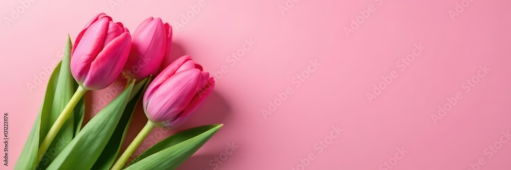 Freshly picked pink tulip stem with green leaves, pink tulips, leaves, stem Freshly picked pink tulip stem with green leaves, pink tulips, leaves, stem