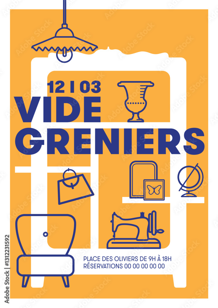 affiche pour une brocante, vide-grenier, vide garage, format A4 en deux couleurs avec des images représentant des objets de seconde main, machine à coudre, décoration, objets anciens, vintage, retro
