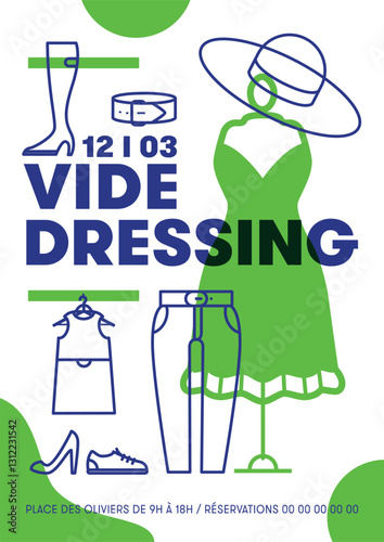 affiche modèle pour un évènement de vente de vêtements de seconde main, vide dressing, format A4 en deux couleurs avec des symboles représentant la mode et les vêtements