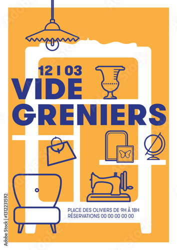 affiche pour une brocante, vide-grenier, vide garage, format A4 en deux couleurs avec des images représentant des objets de seconde main, machine à coudre, décoration, objets anciens, vintage, retro