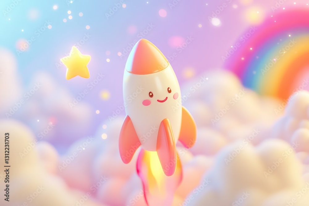 A cute cartoon rocket soaring through pastel clouds towards a star, embodying dreams and aspirations. A cute cartoon rocket soaring through pastel clouds towards a star, embodying dreams and aspirations.