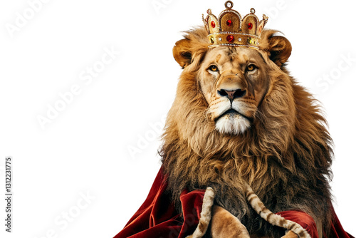 Lion showcasing a splendid velvet cape complemented by an embellished crown isolated on transparent background