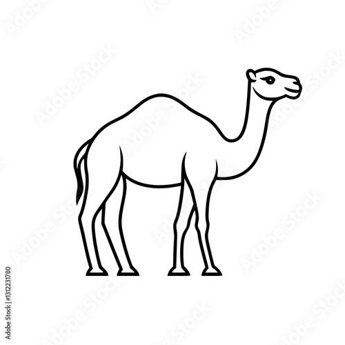 Black and white vector illustration of a camel with a single hump in a simplistic outline design.