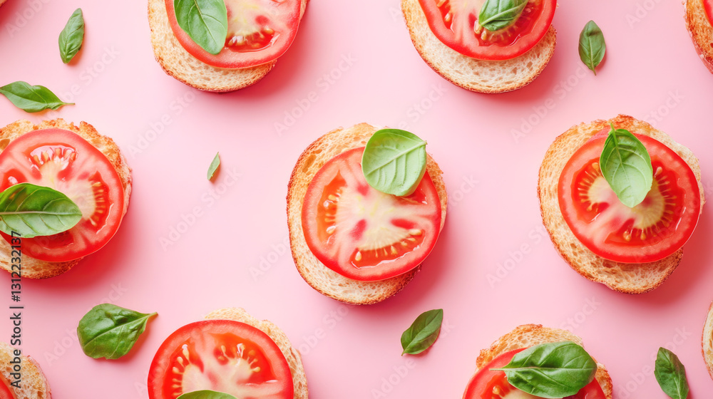 Naklejka premium Fresh tomato and basil bruschetta on pink background