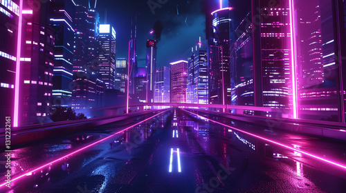 Cyberpunk neon city at night, empty street with modern tall buildings.