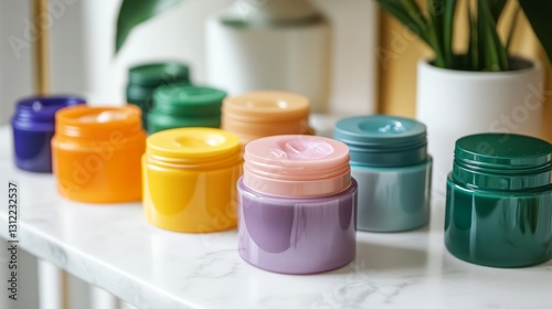 A row of colorful containers of lotion on a counter. The containers are in various colors including green, yellow, orange, and purple