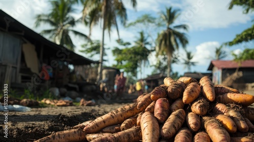 Sweet potato products freshly harvested from traditional farming in Indonesia, spread out on the ground. photo
