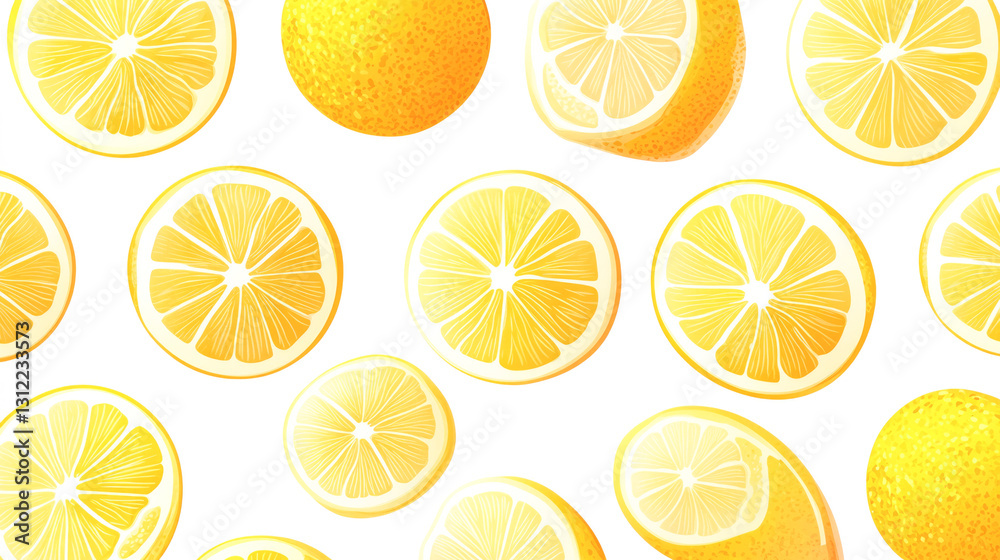 Seamless pattern of fresh lemon slices and whole lemons on white background Seamless pattern of fresh lemon slices and whole lemons on white background