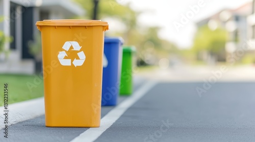 Bright yellow trash bin on street representing community efforts towards zero-waste initiatives and environmental awareness
