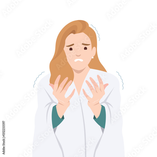 Worried woman looking at her trembling hands with concern, expressing anxiety, fear, or distress. Flat vector illustration isolated on white background