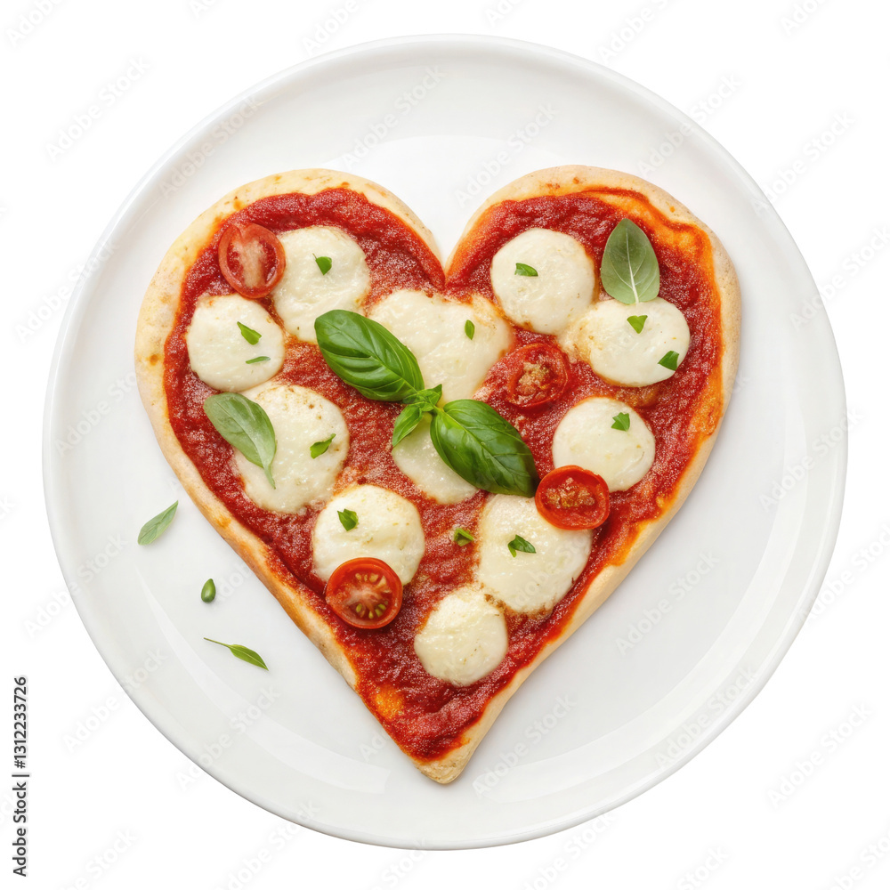 heart shaped pizza with tomato sauce, mozzarella, and basil on a white plate isolated on transparent background heart shaped pizza with tomato sauce, mozzarella, and basil on a white plate isolated on transparent background