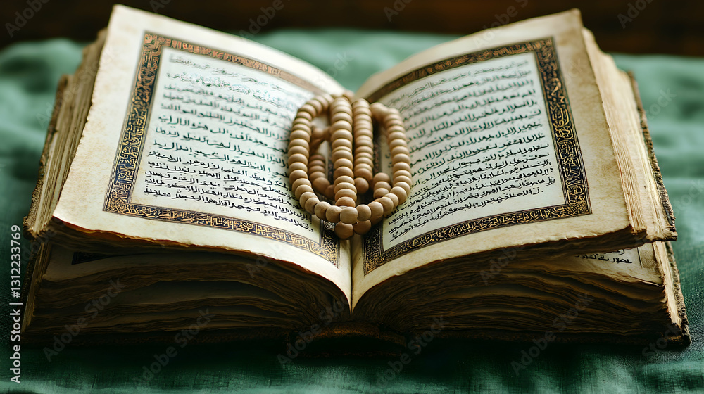 Fototapeta premium Open Quran with prayer beads resting on its pages.