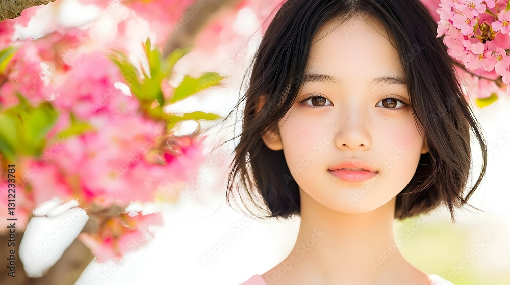 Portrait of a Young Woman Amidst Pink Cherry Blossoms Portrait of a Young Woman Amidst Pink Cherry Blossoms