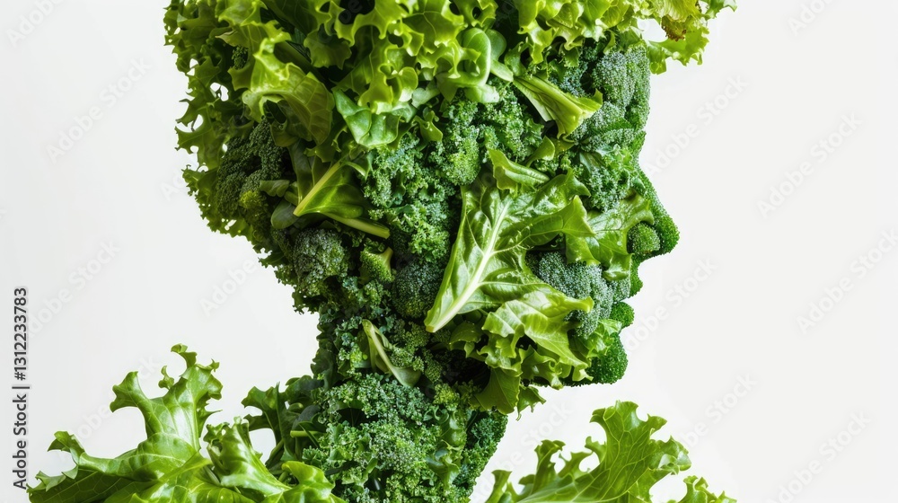 Obraz premium Human head silhouette formed from fresh green leafy vegetables and broccoli on white background