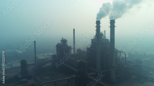 Aerial view of an industrial factory emitting smoke, illustrating air pollution and environmental concerns