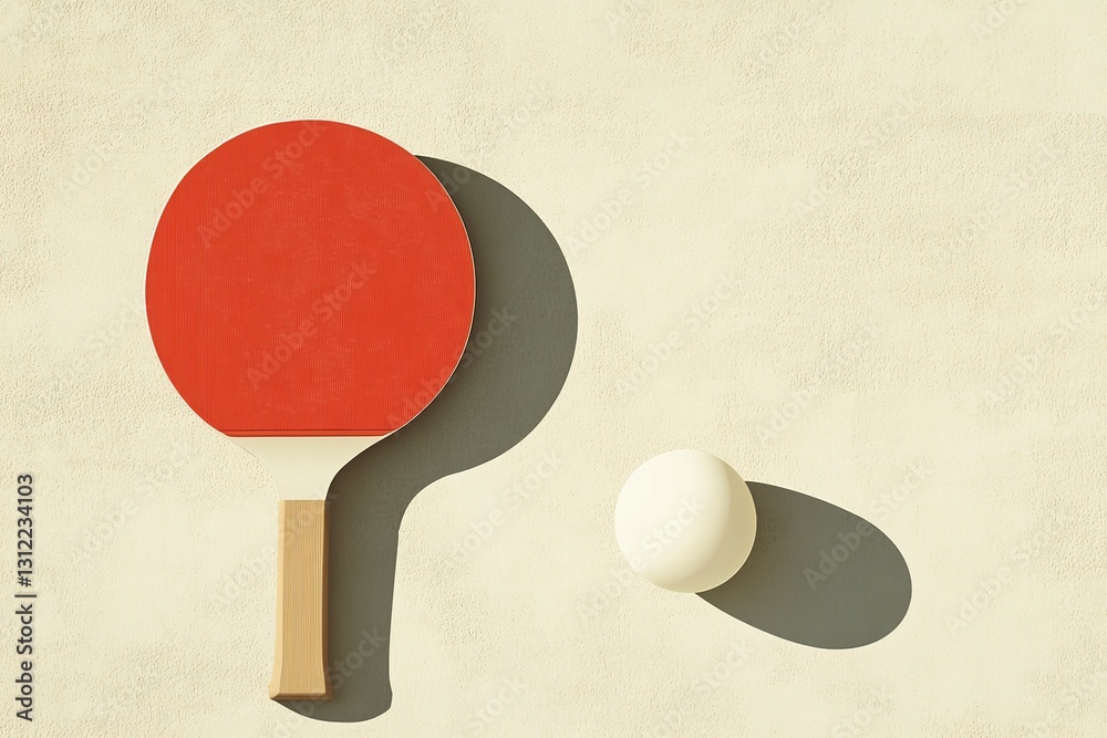 Minimalist Ping Pong Paddle and Ball on Beige Textured Wall Minimalist Ping Pong Paddle and Ball on Beige Textured Wall