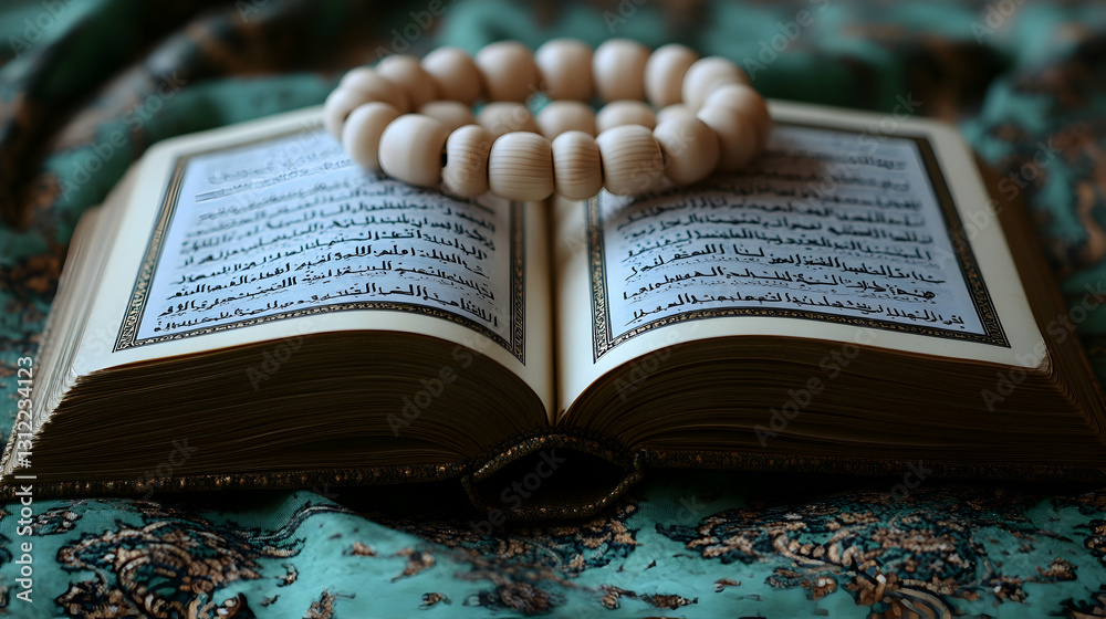 Obraz premium Open Quran with wooden prayer beads on teal fabric. (1)