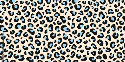 Leopard abstract seamless pattern with blue spots. Jaguar print. Cheetah spotted background. Animal print for fashion, textiles, print nails, wrapping paper, wallpaper. Hand drawn vector illustration.