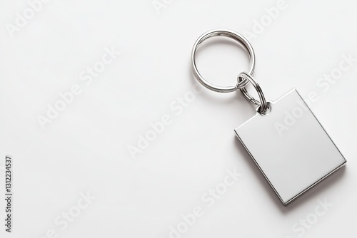 Blank Metal Keyring Tag Mockup Square Keychain with Chrome Ring on White Background