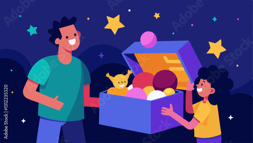Treasure Trove A parent looking amazed as they discover a large toy treasure chest filled with discounted toys with glimmering stars and balloons framing the scene.