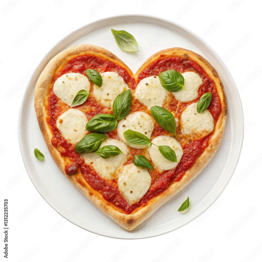 heart shaped pizza with tomato sauce, mozzarella, and basil on a white plate isolated on transparent background heart shaped pizza with tomato sauce, mozzarella, and basil on a white plate isolated on transparent background