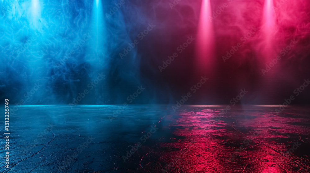 Fototapeta premium Dark empty space with blue and red neon spotlights, wet asphalt, smoke, and industrial rays. An abstract dark texture with copy space for mockup design.