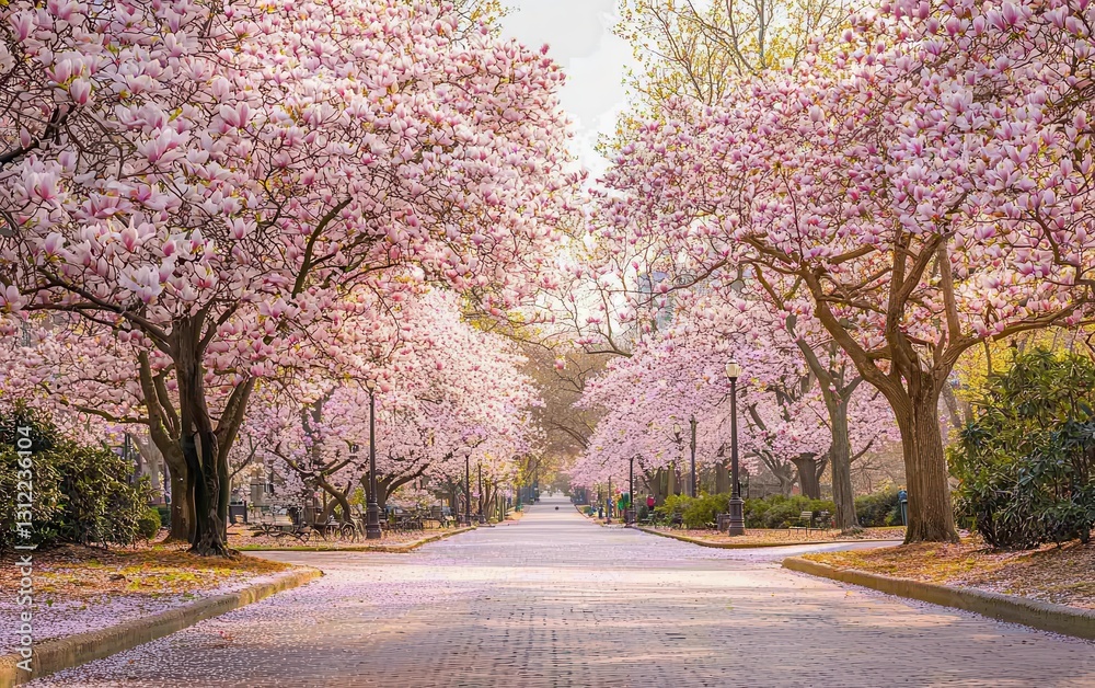 Magnolia trees in full bloom along city streets Magnolia trees in full bloom along city streets