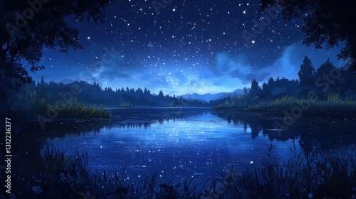 Wallpaper Mural Serene Night Lake Landscape with Starry Sky and Dark Blue Reflections Torontodigital.ca
