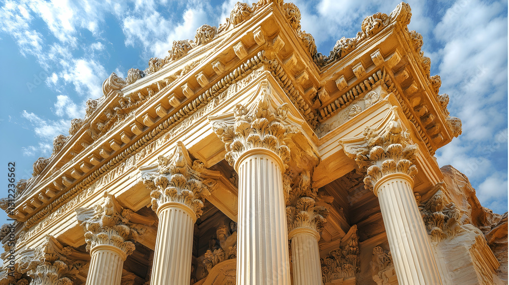 Obraz premium Ornate columns of a grand edifice under a partly cloudy sky