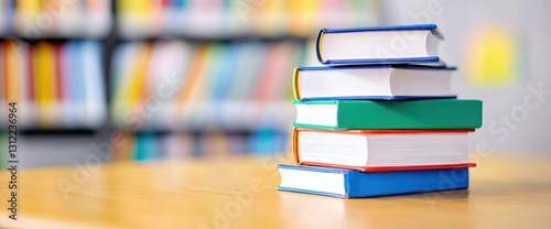 A stack of books neatly arranged on a table, representing online kids book clubs encouraging young readers
