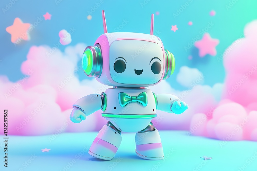 Fototapeta premium A cute, pastel-colored robot with a bow tie strolls through a dreamy, starlit cloudscape.