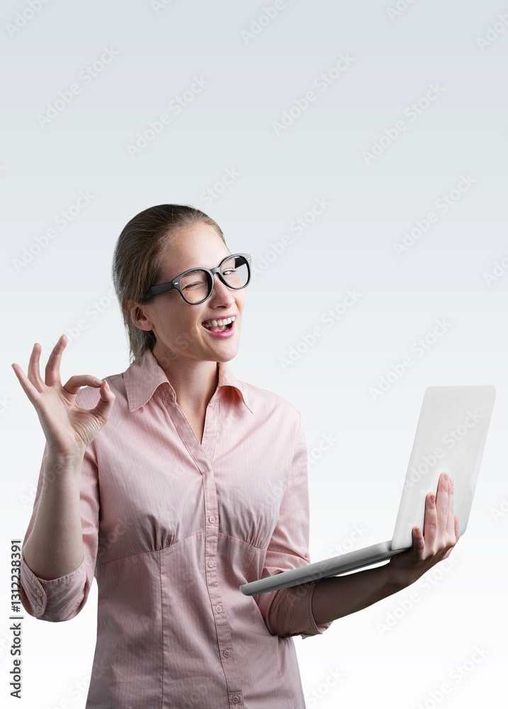 Happy young college student pointing with finger