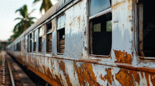 A rusted train car with a window and a palm tree in the background.