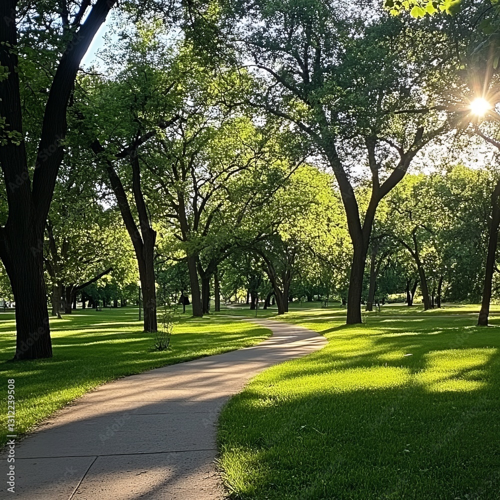 Fototapeta premium A tranquil park scene with a winding path, surrounded by vibrant green trees and sunlight streaming through the leaves.