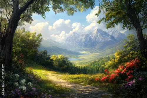 Majestic Mountain Valley Landscape: A Serene Path Through Blooming Meadows and Majestic Peaks