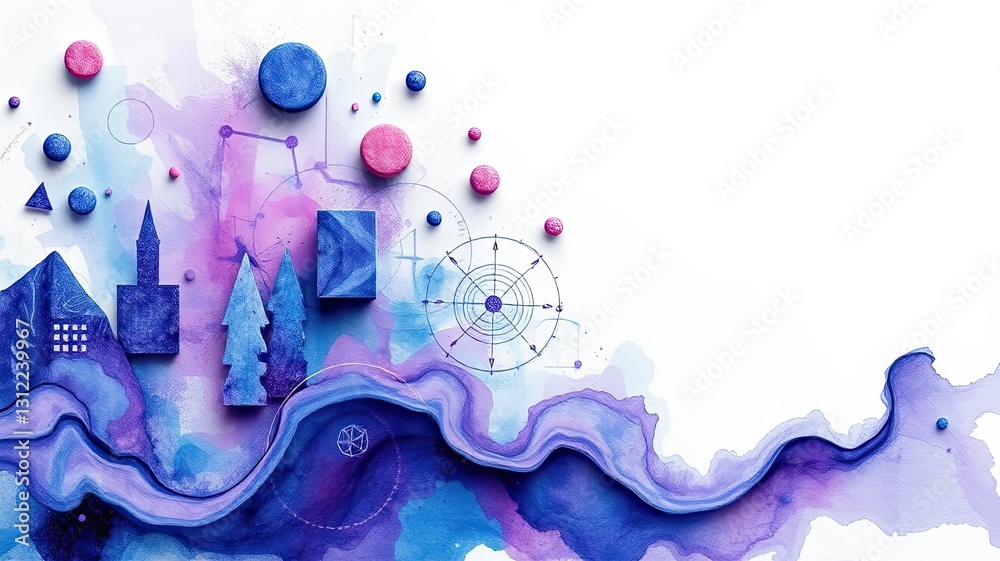 Obraz premium Abstract Blue Purple Landscape Art Geometric Shapes Watercolor Texture