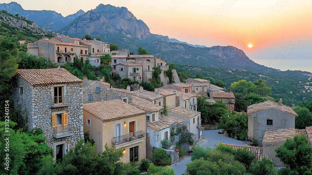 Obraz premium Picturesque mountain village at sunrise