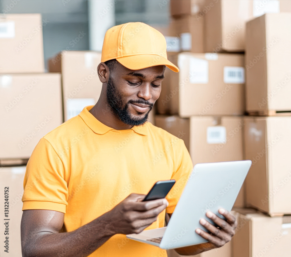 A man in orange checks his phone while using a laptop in a storage area. A man in orange checks his phone while using a laptop in a storage area.