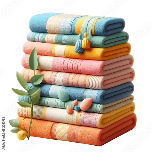 Colorful folded towels for bath room side view isolate on White background