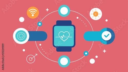 Wearable Health Sensor A wristband with sensors collecting biometric data surrounded by icons representing heart rate sleep quality and activity levels.