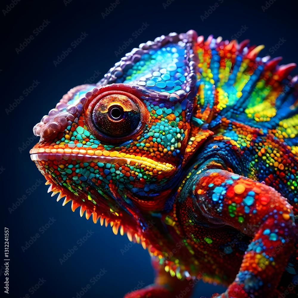 Fototapeta premium A vibrant, colorful chameleon with striking patterns on its skin stands against a dark blue background in an artistic photograph.