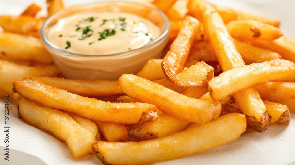 Crispy Golden French Fries with Dipping Sauce on White Background Crispy Golden French Fries with Dipping Sauce on White Background