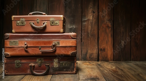Vintage leather suitcases arranged on a wooden table, featuring a banner with ample copy space. photo