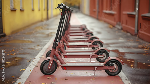 Rainy city street, electric scooters parked in line