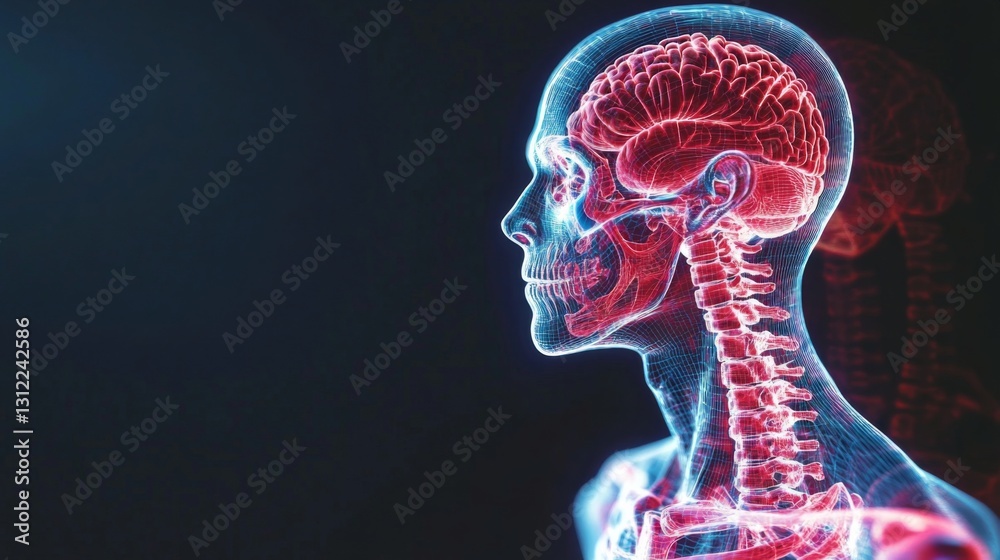 Dynamic 3D rendering of human skeleton in red and blue on black background with intricate bone network design Dynamic 3D rendering of human skeleton in red and blue on black background with intricate bone network design