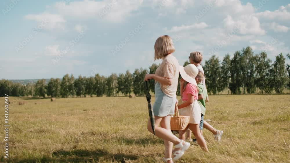 Side view of a group of people walking across vast farmland with a dog, carrying a picnic basket under a sunny sky, surrounded by open fields and distant trees Side view of a group of people walking across vast farmland with a dog, carrying a picnic basket under a sunny sky, surrounded by open fields and distant trees